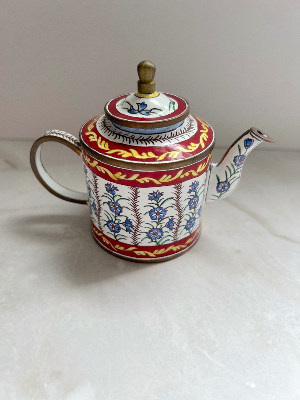 Kelvin Chen Miniature Enamel on Copper Teapot — Blue Floral with Red and Gold Bo